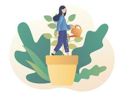 Personal growth concept. Tiny woman in flowerpot watering herself. Self-improvement and self development. Metaphor growth personality as plant. Modern flat cartoon style. Vector illustration