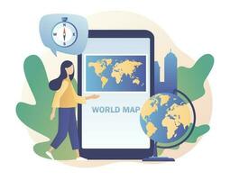 Tiny girl studies atlas Earth in app on smartphone screen. World map. Geography concept. Globalisation. Modern flat cartoon style. Vector illustration on white background