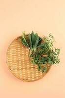 Top View Fresh Herbs on Pastel Background photo