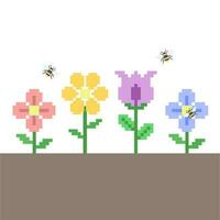 Garden flower with honey bee pixel art 8bit vector