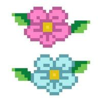 Flower with leave pixel art, pixel flower icon on white background vector