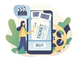 Movie tickets online sale. Tiny girl buy tickets on the smartphone app. Mobile movie theater. Online cinema. Cinematography. Modern flat cartoon style. Vector illustration on white background