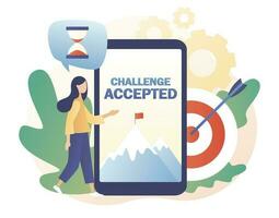 Challenge Accepted big text and flag on the mountain peak on screen smartphone. Tiny girl for way to goal. Business challenge, goal achievement, success, winning. Modern flat cartoon style. Vector