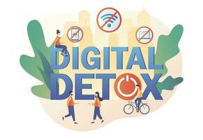 Digital detox. Tiny people relax in nature. Offline life. Freedom from internet, smartphones and social media. Power button. Modern flat cartoon style. Vector illustration on white background