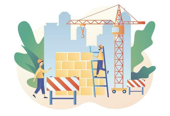Build and Home Repair concept. Tiny men builders and repairers working with professional tools. Modern building process. Modern flat cartoon style. Vector illustration on white background
