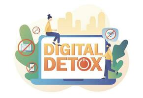 Digital detox. Big text and Power button on laptop. Freedom from internet, smartphones and social media. Tiny people relax in nature. Modern flat cartoon style. Vector illustration on white background