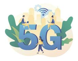 5G network wireless technology. Big letters 5g and tiny people with gadgets use high-speed Internet. Modern flat cartoon style. Vector illustration on white background