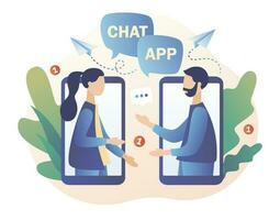 Mobile chat App. Online communication, social networking, messages, speech bubbles. Tiny people chatting in mobile smartphone screen. Modern flat cartoon style. Vector illustration on white background