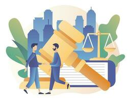 Law and Justice Concept. Justice scales, judge building and judge gavel. Tiny men make a deal. Supreme court. Modern flat cartoon style. Vector illustration