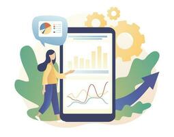 Data analytics consept. Business analysis. Tiny girl are studying the infographic on mobile app. Modern flat cartoon style. Vector illustration on white background