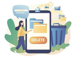 Tiny woman deleting data on smartphone. Move unnecessary files to the trash bin. Delete concept. Cleaning digital memory. Modern flat cartoon style. Vector illustration on white background