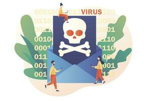 Computer virus concept. Hacker attack and web security. Scam alert. Tiny people open big envelope with skull. Spam, malicious application. Modern flat cartoon style. Vector illustration