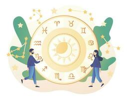 Astrology science concept. Astrological forecast. Tiny people astrologers reading natal chart. Zodiac, celestial coordinate system, stars and constellations. Modern flat cartoon style. Vector