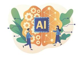 Artificial intelligence concept. Digital brain with neural network and tiny people. AI chip, machine learning, analysis information. Modern flat cartoon style. Vector illustration on white background