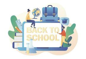 Back to School. Online education concept. Tiny people with laptop, backpack, educational tools, calculator, school stationery, globe and books. Modern flat cartoon style. Vector illustration