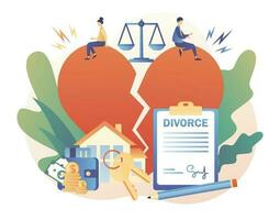 Divorce concept. Tiny people relationship breakup. Husband and wife sign agreement divorce papers and property divison. Big broken heart. Justice scales. Modern flat cartoon style. Vector illustration