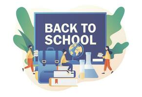 Back to School. Tiny people with big blackboard, backpack, educational tools, school stationery, globe and books. Education concept. Modern flat cartoon style. Vector illustration on white background