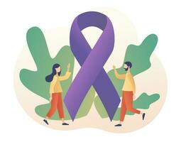 Tiny people and stop violence sign. Purple ribbon as symbol domestic violence. International day for the elimination of violence against women. Modern flat cartoon style. Vector illustration