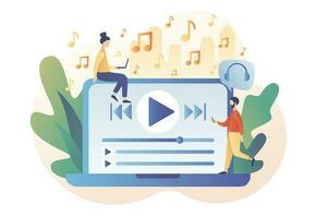 medios de comunicación jugador aplicación música jugar lista. minúsculo personas escucha música, sonido, audio o radio en línea con ordenador portátil. moderno plano dibujos animados estilo. vector ilustración en blanco antecedentes