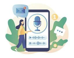 Voice messages concept. Tiny girl use microphone in smartphone to record message or talk to voice assistant. Chat app. Modern flat cartoon style. Vector illustration on white background