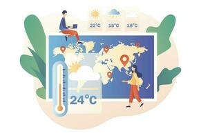 Weather forecast online. Sun, clouds, wind, thunderstorm,rain. Meteorologist studying and researching weather and climate condition. Meteorology science. Modern flat cartoon style. Vector illustration