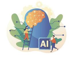 Artificial intelligence concept. Digital brain with neural network. AI, machine learning, analysis information. Modern flat cartoon style. Vector illustration on white background