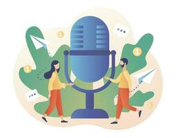 Voice messages concept. Chat app. Tiny people use big microphone to record message or talk to voice assistant. Modern flat cartoon style. Vector illustration on white background