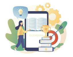 Self-learning, online education, e-book, distance e-learning. Skill improvement. Self development concept. Goal achieving. Modern flat cartoon style. Vector illustration on white background