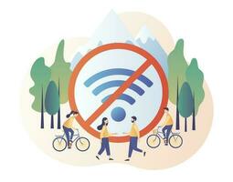 digital desintoxicación grande firmar No Wifi. minúsculo personas relajarse en naturaleza. libertad desde Internet, teléfonos inteligentes y social medios de comunicación. moderno plano dibujos animados estilo. vector ilustración en blanco antecedentes