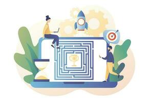 Business maze concept. Business metaphor. Tiny people looking for a way to reach the goal through the labyrinth. Start up. Modern flat cartoon style. Vector illustration on white background