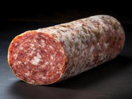 Tiendas Delicatessen salami salchicha con blanco molde foué creado con generativo ai tecnología foto