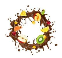 realista chocolate Leche ola chapoteo con frutas vector