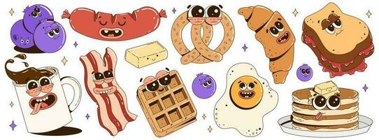 Trendy sticker set with funky food characters. Branding mascots for cafe, restaurant, bar. Fresh pastries, pretzel, croissant, French toast, coffee, pancakes, waffles, bacon, eggs, sausage. vector