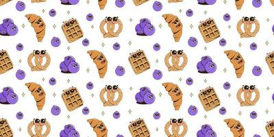 Seamless pattern with funny cartoon food characters.Waffles, pretzel, croissant, blueberries. Trendy retro groovy style. Vector background.