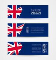 conjunto de Tres horizontal pancartas con bandera de unido Reino. web bandera diseño modelo en color de Reino Unido bandera. vector