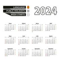 2024 calendario en Español idioma, semana empieza desde domingo. vector