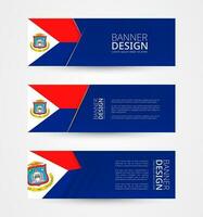 Set of three horizontal banners with flag of Sint Maarten. Web banner design template in color of Sint Maarten flag. vector