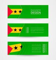 Set of three horizontal banners with flag of Sao Tome and Principe. Web banner design template in color of Sao Tome and Principe flag. vector