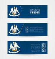 Set of three horizontal banners with US state flag of Louisiana. Web banner design template in color of Louisiana flag. vector
