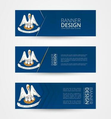 Set of three horizontal banners with US state flag of Louisiana. Web banner design template in color of Louisiana flag.