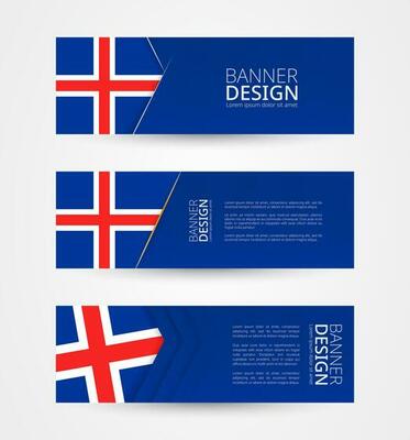 Set of three horizontal banners with flag of Iceland. Web banner design template in color of Iceland flag.