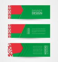 conjunto de Tres horizontal pancartas con bandera de bielorrusia web bandera diseño modelo en color de bielorrusia bandera. vector