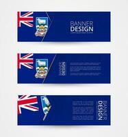 Set of three horizontal banners with flag of Falkland Islands. Web banner design template in color of Falkland Islands flag. vector