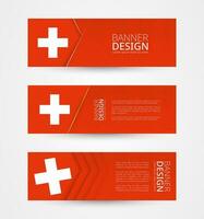 conjunto de Tres horizontal pancartas con bandera de Suiza. web bandera diseño modelo en color de Suiza bandera. vector