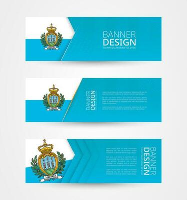 Set of three horizontal banners with flag of San Marino. Web banner design template in color of San Marino flag.