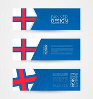 conjunto de Tres horizontal pancartas con bandera de Feroe islas web bandera diseño modelo en color de Feroe islas bandera. vector