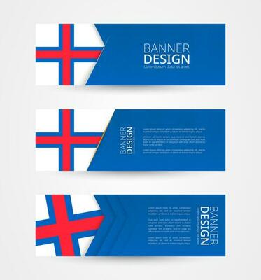 Set of three horizontal banners with flag of Faroe Islands. Web banner design template in color of Faroe Islands flag.