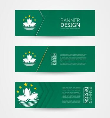 Set of three horizontal banners with flag of Macau. Web banner design template in color of Macau flag.