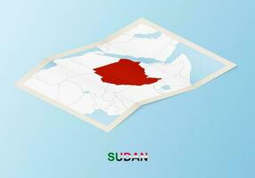 Folded paper map of Sudan with neighboring countries in isometric style. vector