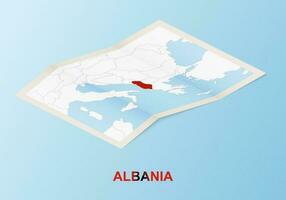 doblada papel mapa de Albania con vecino países en isométrica estilo. vector